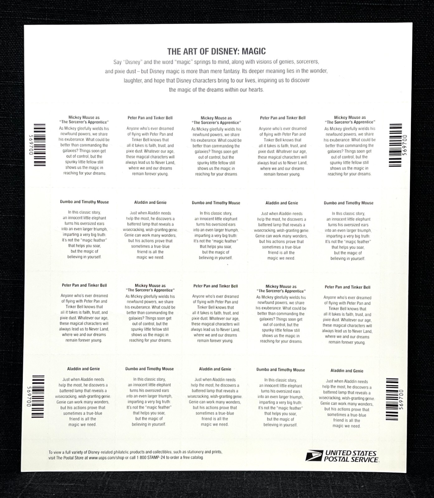 The Art of Disney USPS Stamps Full Set of 5 Dif MINT Sheets Retail Value $120+