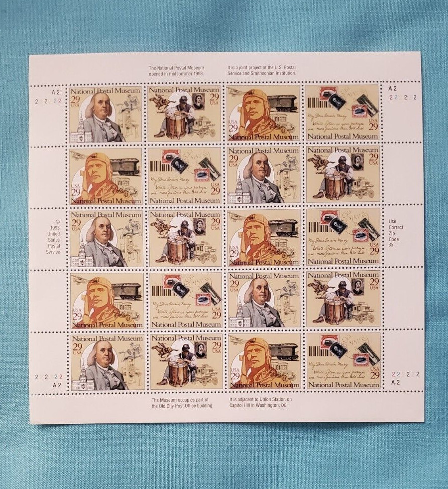 USPS – “1993 NATIONAL POSTAL MUSEUM” FULL SHEET OF STAMPS LOOK!!!