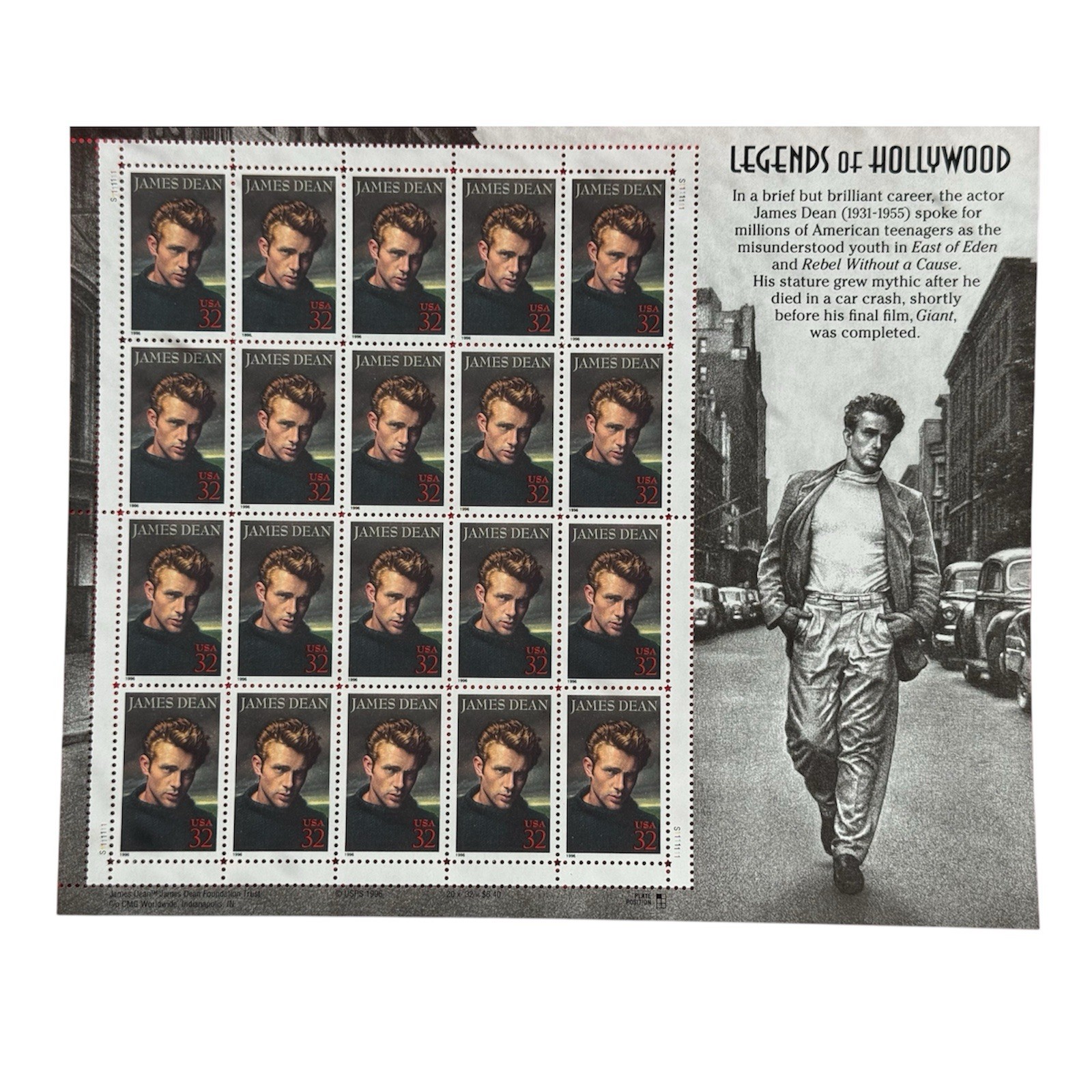 US SCOTT 3082 PANE OF 20 JAMES DEAN LEGENDS OF HOLLYWOOD 32 CENTS FACE MNH