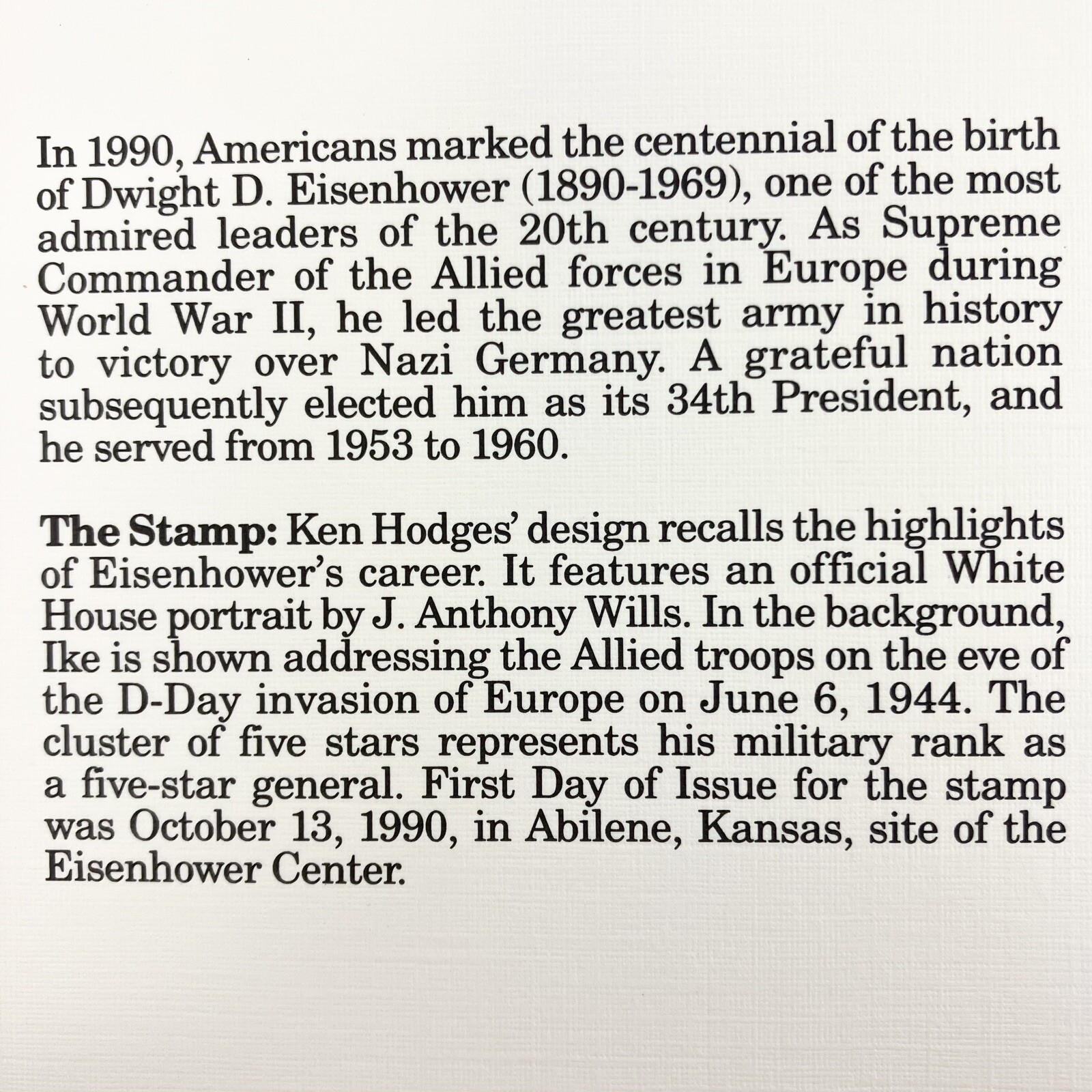 Ed Vebell Dwight D. Eisenhower Postage Stamp Art USPS Farmable Gift 1990