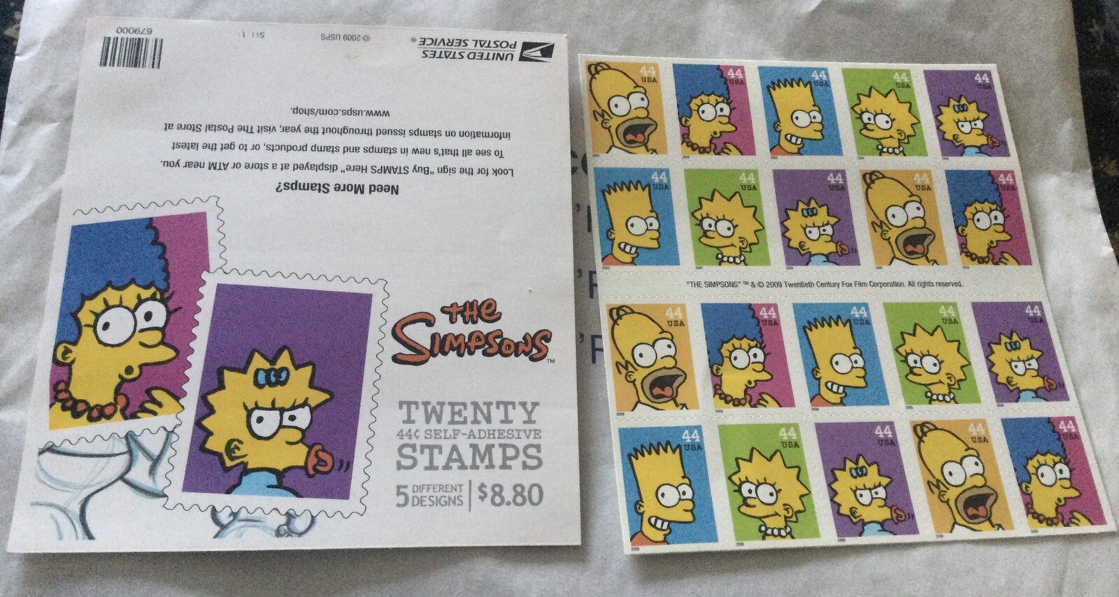 2009 1-Full Sheet (20/44cent) Unused SIMPSONS Postage Stamps USPS Marge Maggie