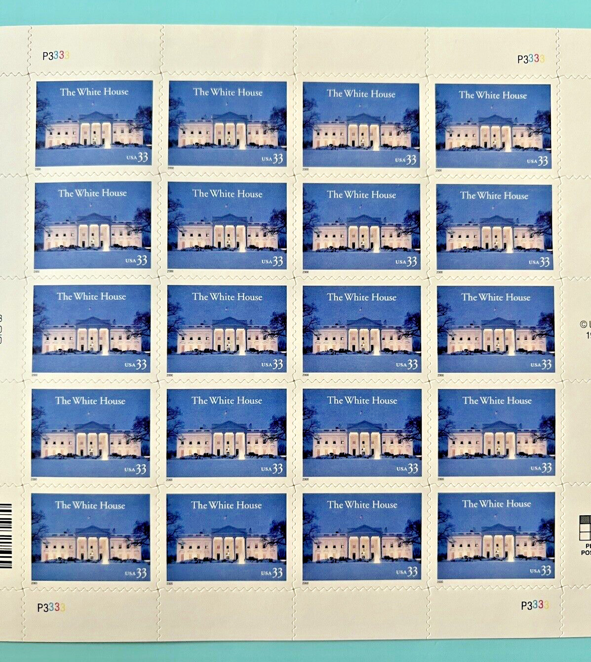 Scott #3445 THE WHITE HOUSE in Winter 33¢ – 5 Sheets x 20 = 100 Stamps | FV$33