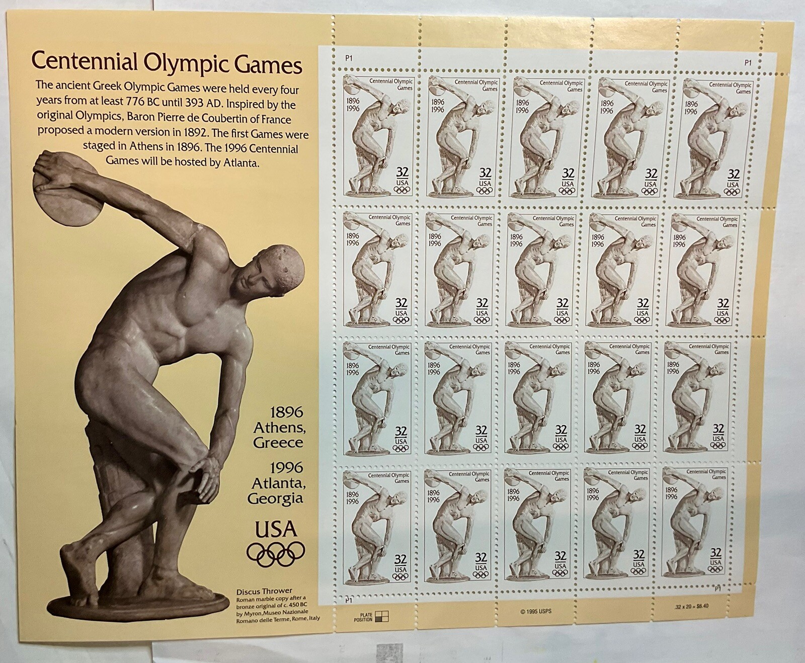 US Postage STAMPS 1996 Atlanta CENTENNIAL OLYMPIC GAMES 32c 20 stamps MNH
