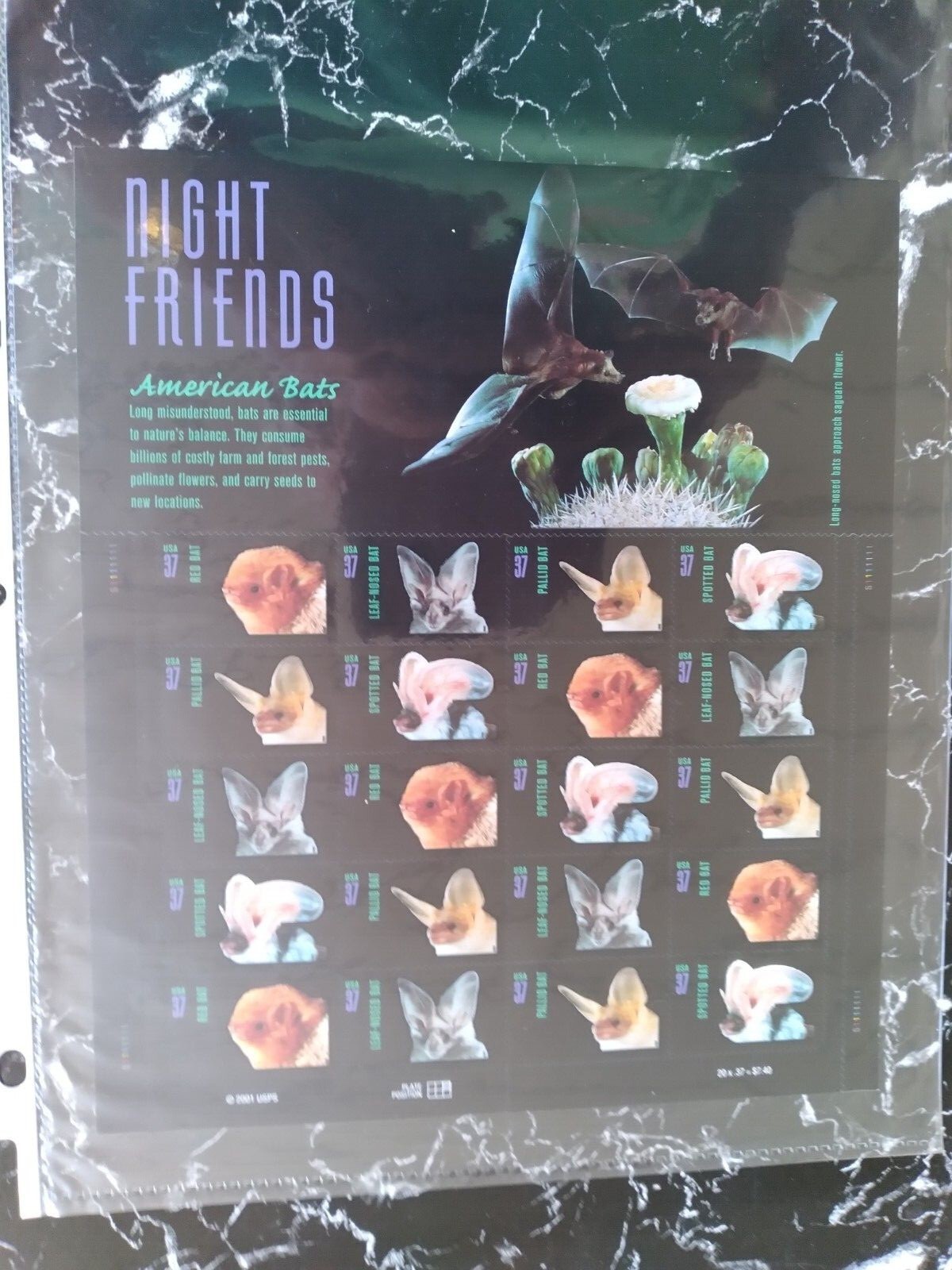 “Night Friends” -“American Bats” Very Nice Collectable Sheet of 2001 Stamps MNH
