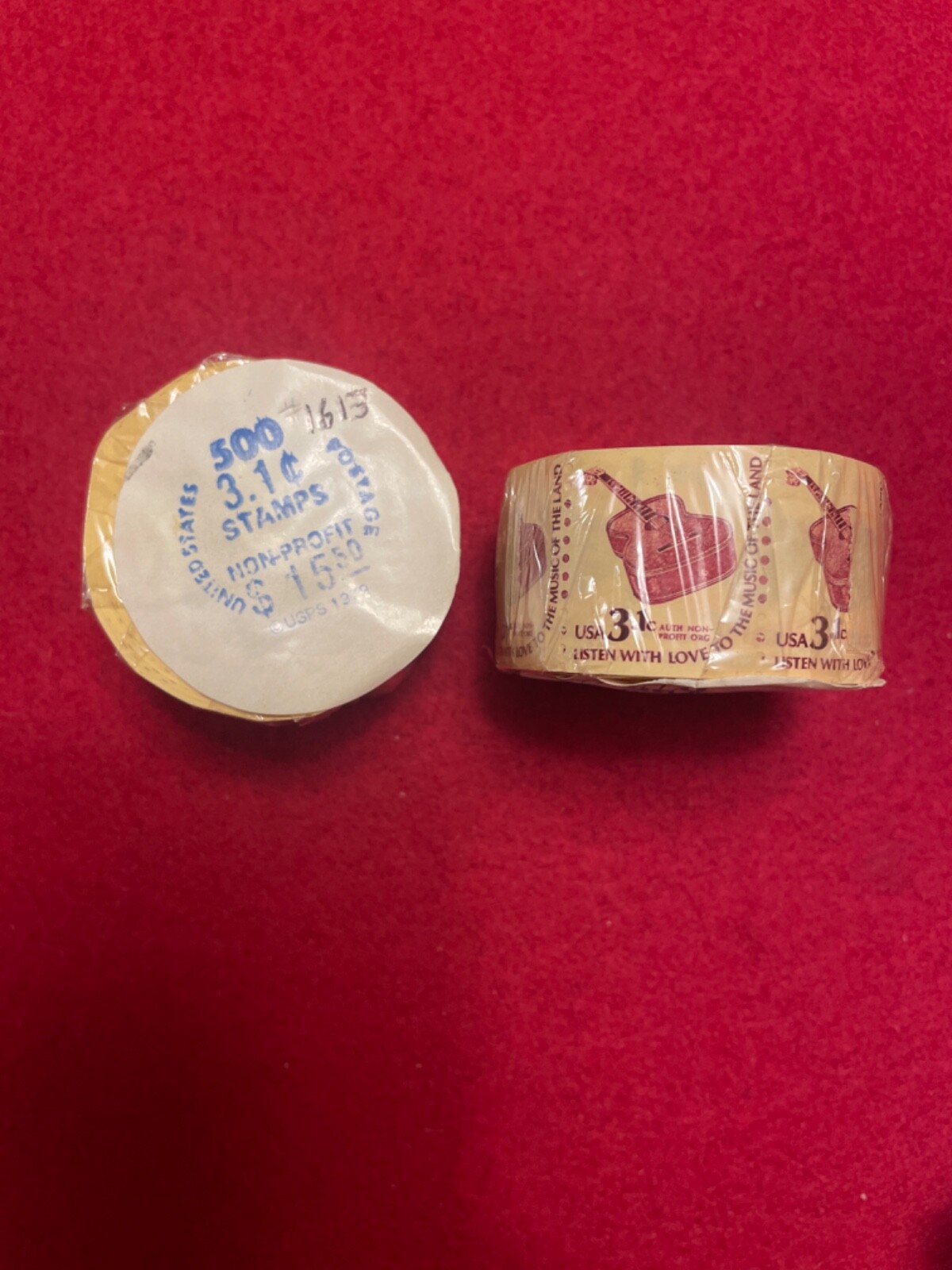 RARE 1613 3.1 CENT STAMPS 500 STAMP GUITAR MUSIC COIL ROLL ORIGINAL WRAPPING