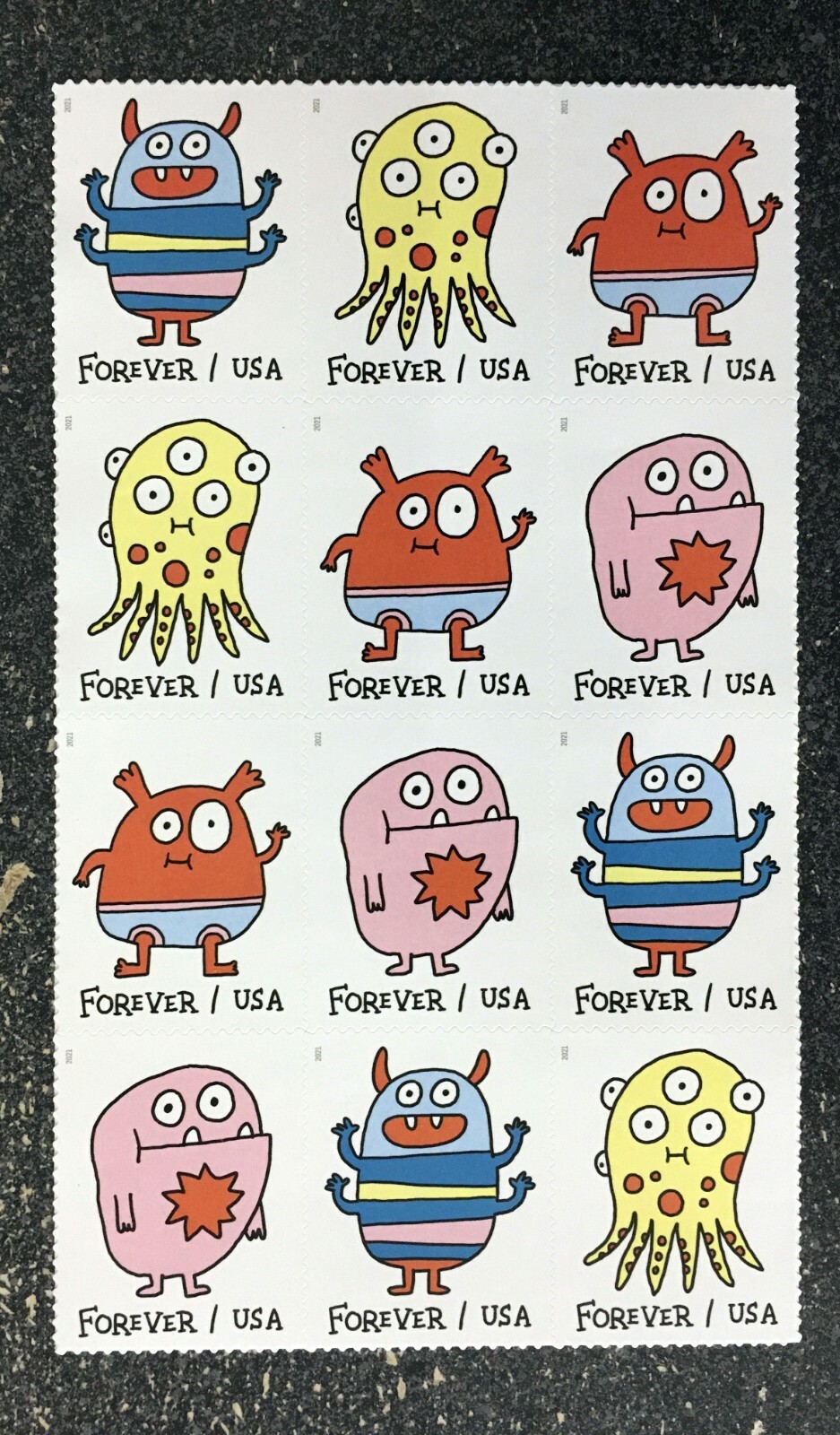 2021USA #5636-5639 Forever Message Monsters – Block of 12 postage