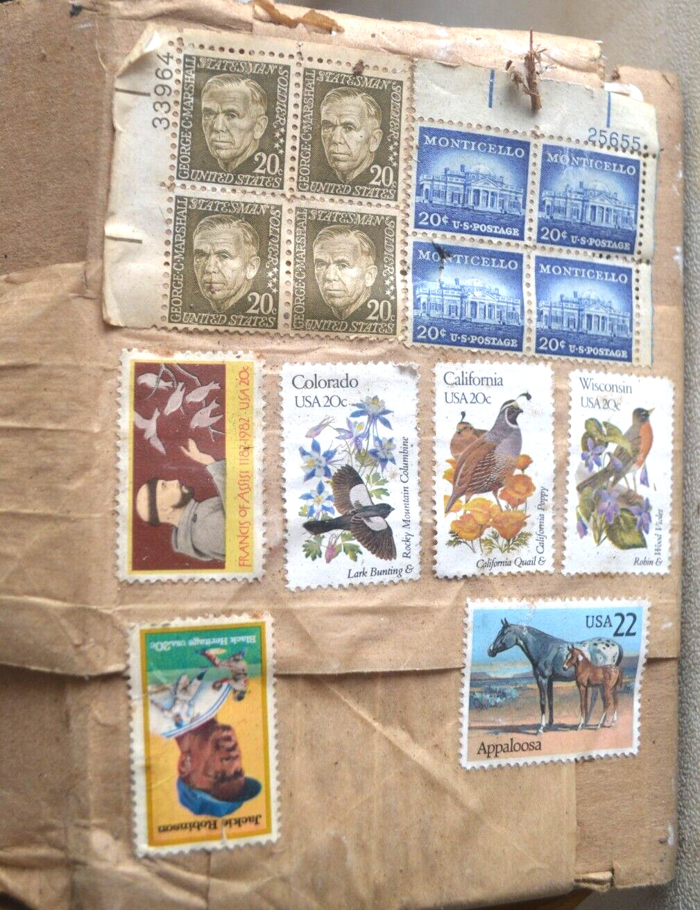 20 22 CENT STAMPS JACKIE ROBINSON MONTICELLO GEORGE MARSHALL ASSISI HORSES BIRDS