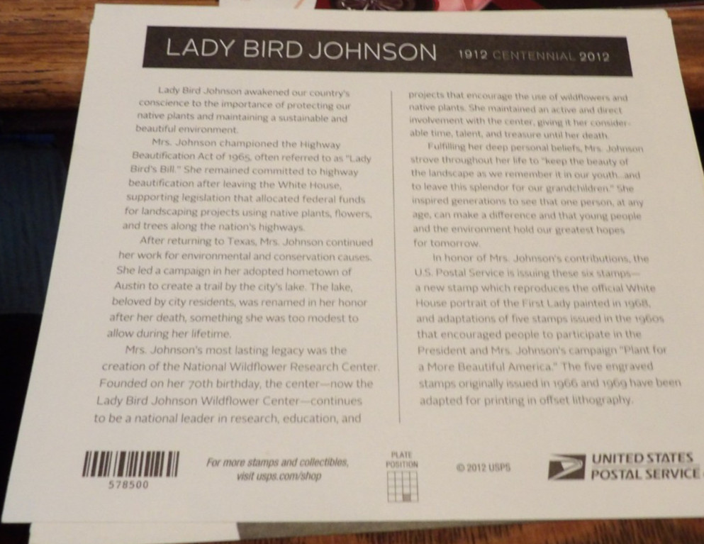 US 2012 Forever Lady Bird Johnson Sheet of 6 MNH Fresh centeninial