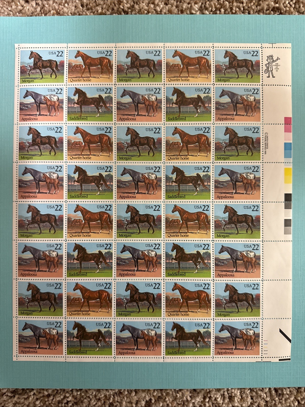 US SCOTT 2155 – 2158 SHEET OF 40 HORSES STAMPS 22 CENT FACE MNH
