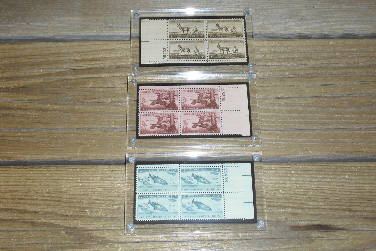 Vintage Wildlife Conservation Stamp Blocks (3) King Salmon Wild Turkey Antelope