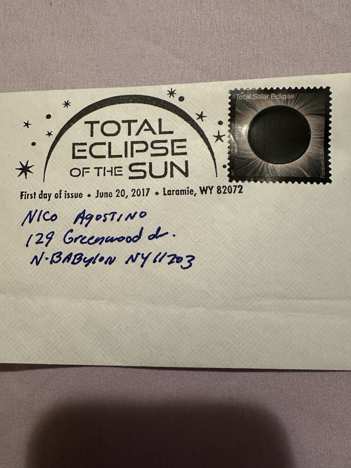 2017 Total Solar Eclipse First Day Cover Laramie WY USPS Eclipse Stamp