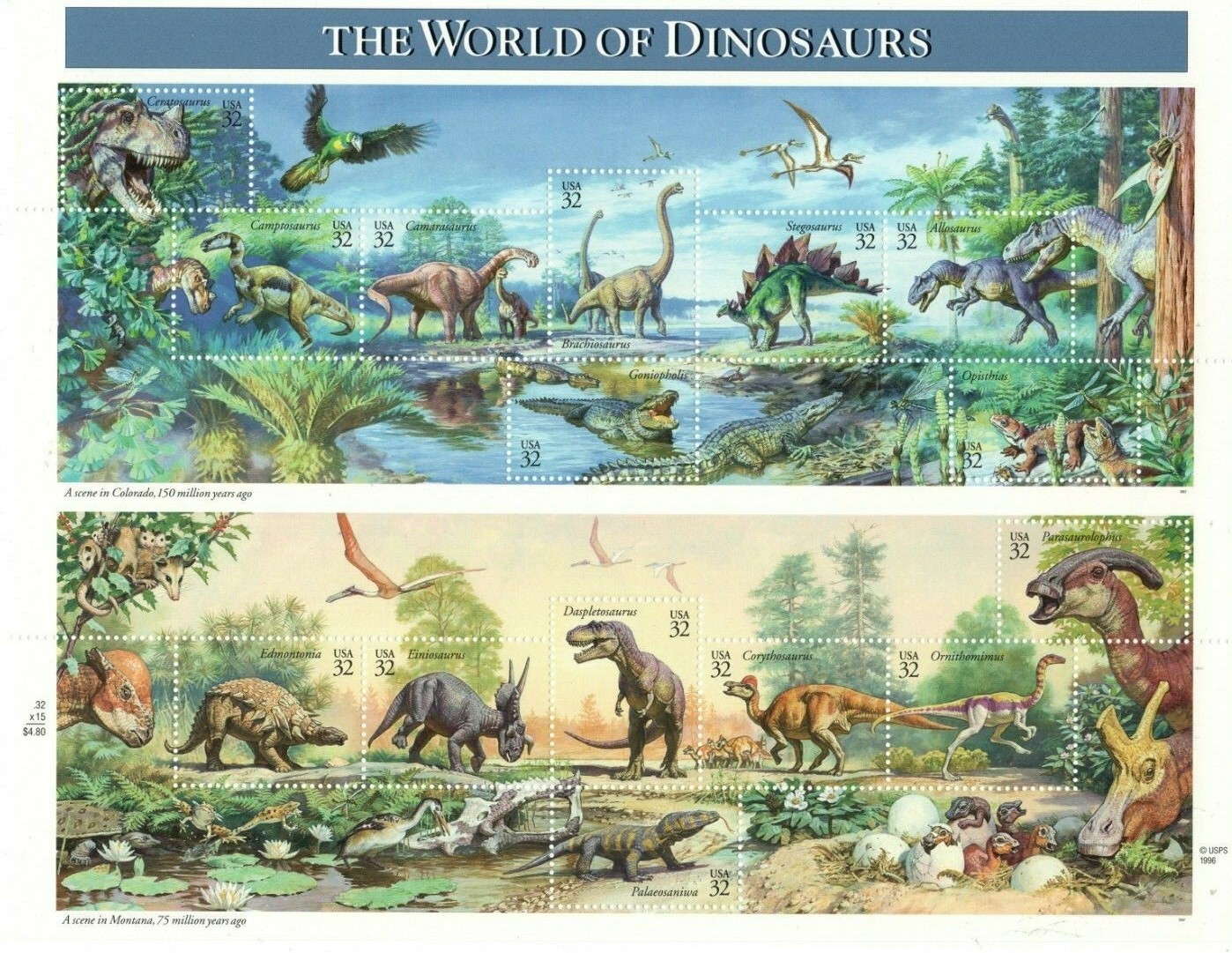 Sheet of 15 THE WORLD OF DINOSAURS 32¢ US USA Postage Stamps Sc # 3136