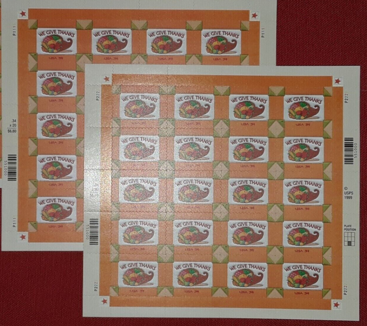 Two (2) Panes x 20 = 40 of WE GIVE THANKS 34¢ US Postage Stamps. USA Sc # 3546