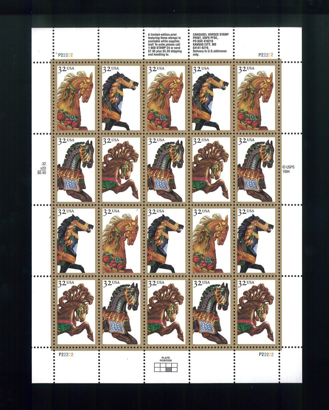 United States 32¢ Carousel Horses Postage Stamp #2976-79 MNH Full Sheet