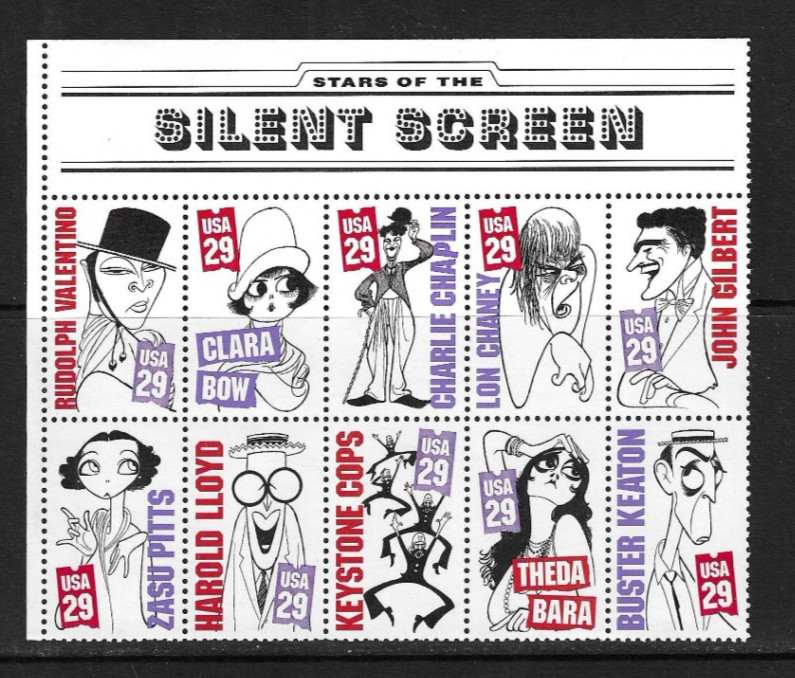 USA SC # 2828a Stars Of the Silent screen Block Of 10 + Label . MNH