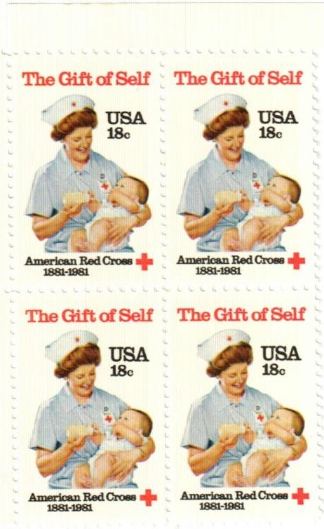 RED CROSS AMERICAN BLOCK OF 4 COLLECTIBLE UNUSED 1981 STAMPS—-FREE SHIPPING