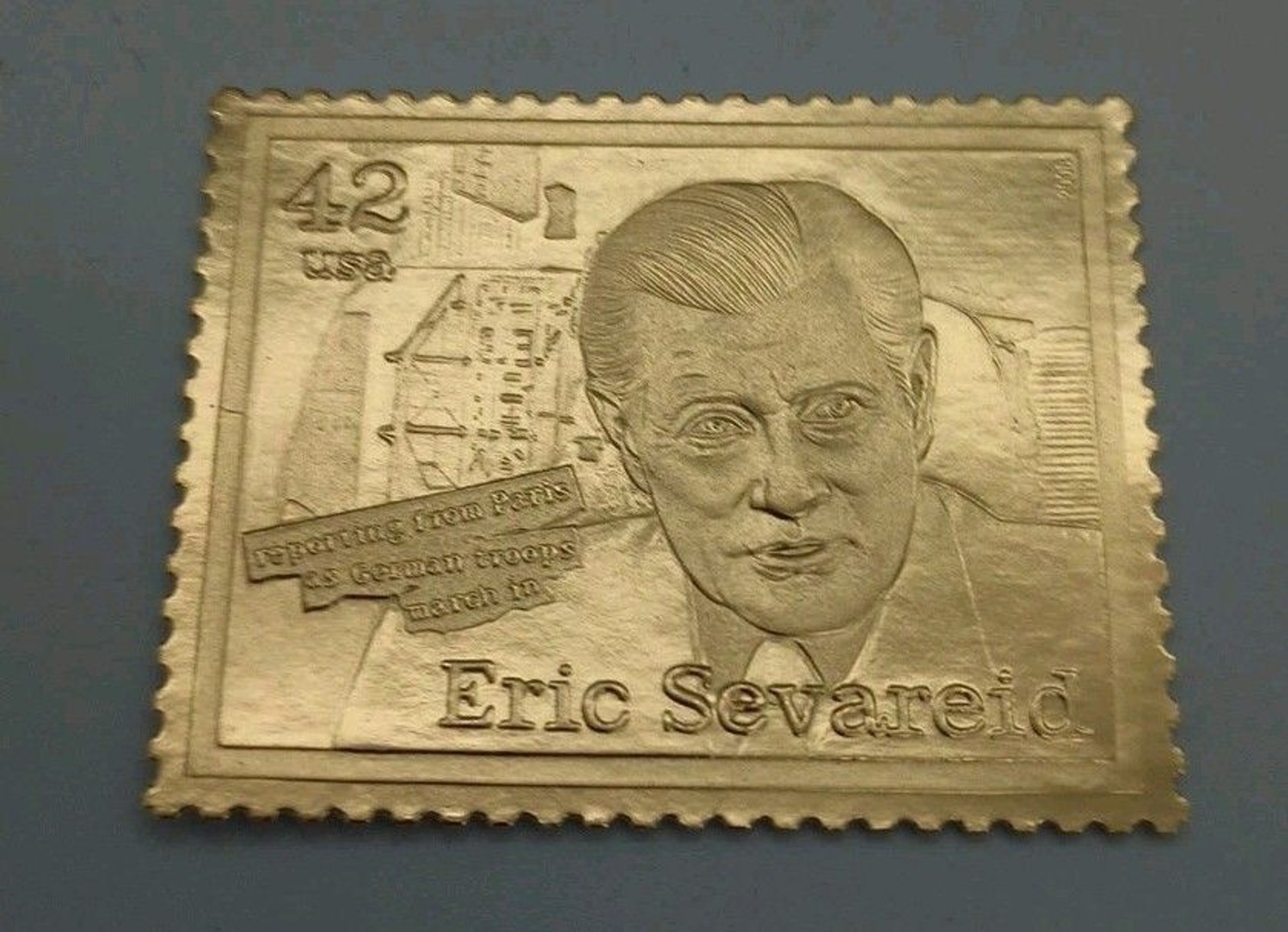 Gold Foil Us Postage Stamp Eric Sevarid American Journalist Reporting From Paris
