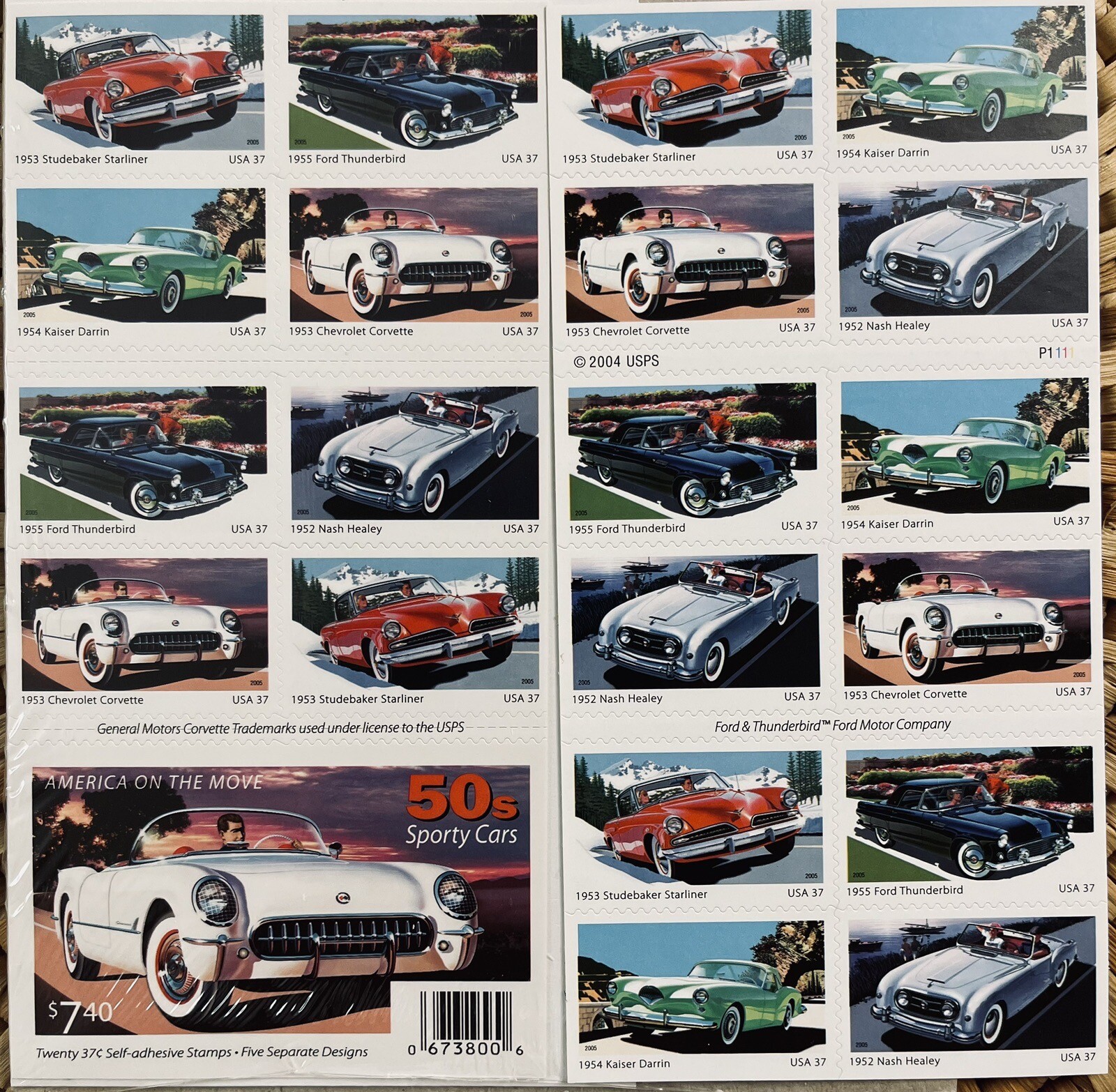 2005 US AMERICA ON THE MOVE 50’s SPORT CARS 2 PANES /BOOKLETS OF 20 STAMPS 37c