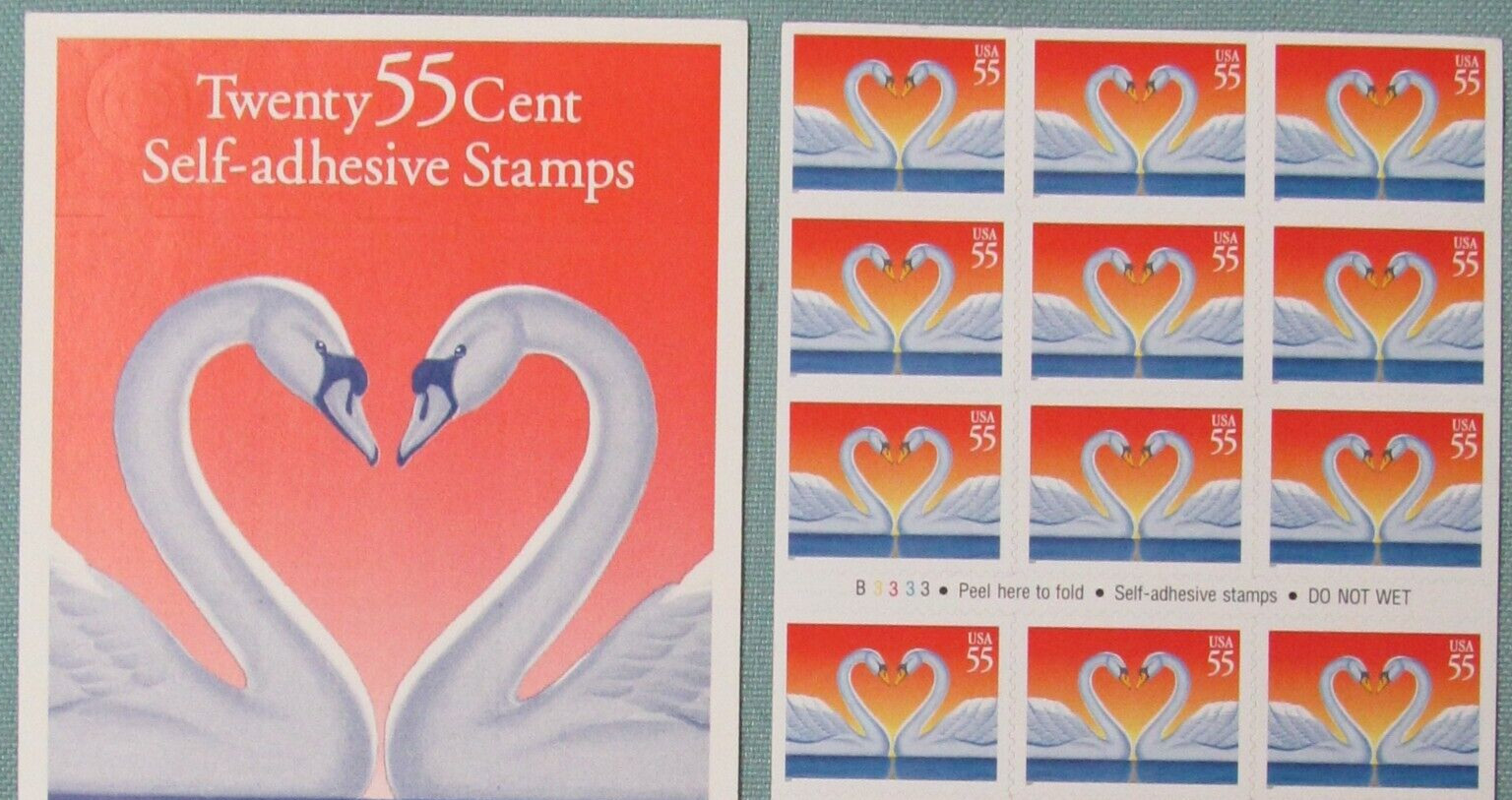 Two Panes / Sheets x 20 = 40 of Love SWANS 55¢ US Postage Stamps. USA Sc # 3124