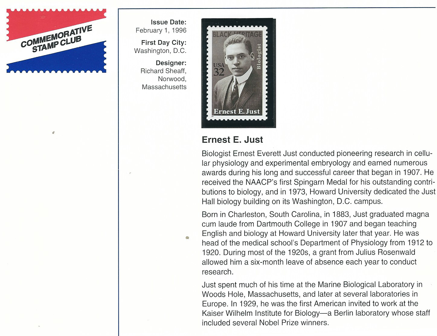 Scott #3058…32 Cent…Ernest Just + Postal History