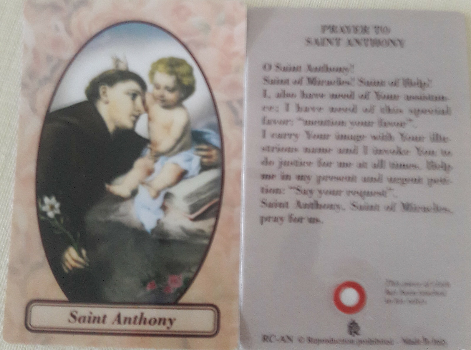 Saint Anthony of Padua relic card patron of lost articles; lower animals