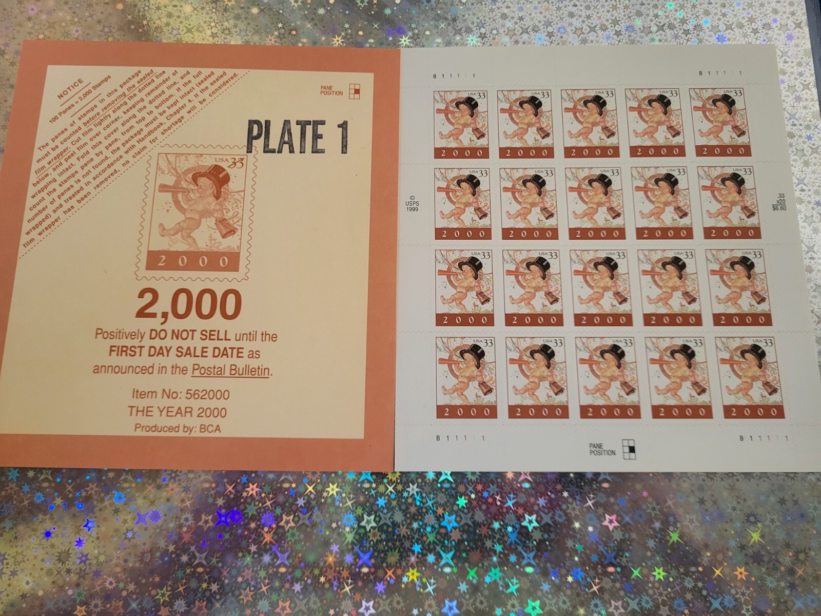 US Stamps Scott #3369 – 1999 33c Year 2000 Full Sheet of 20 MNH w/1st Day Sale