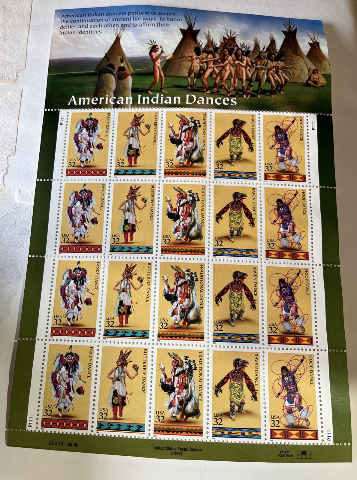 United States 32¢ American Indian Dances Postage Stamp #3072-76 MNH Full Sheet