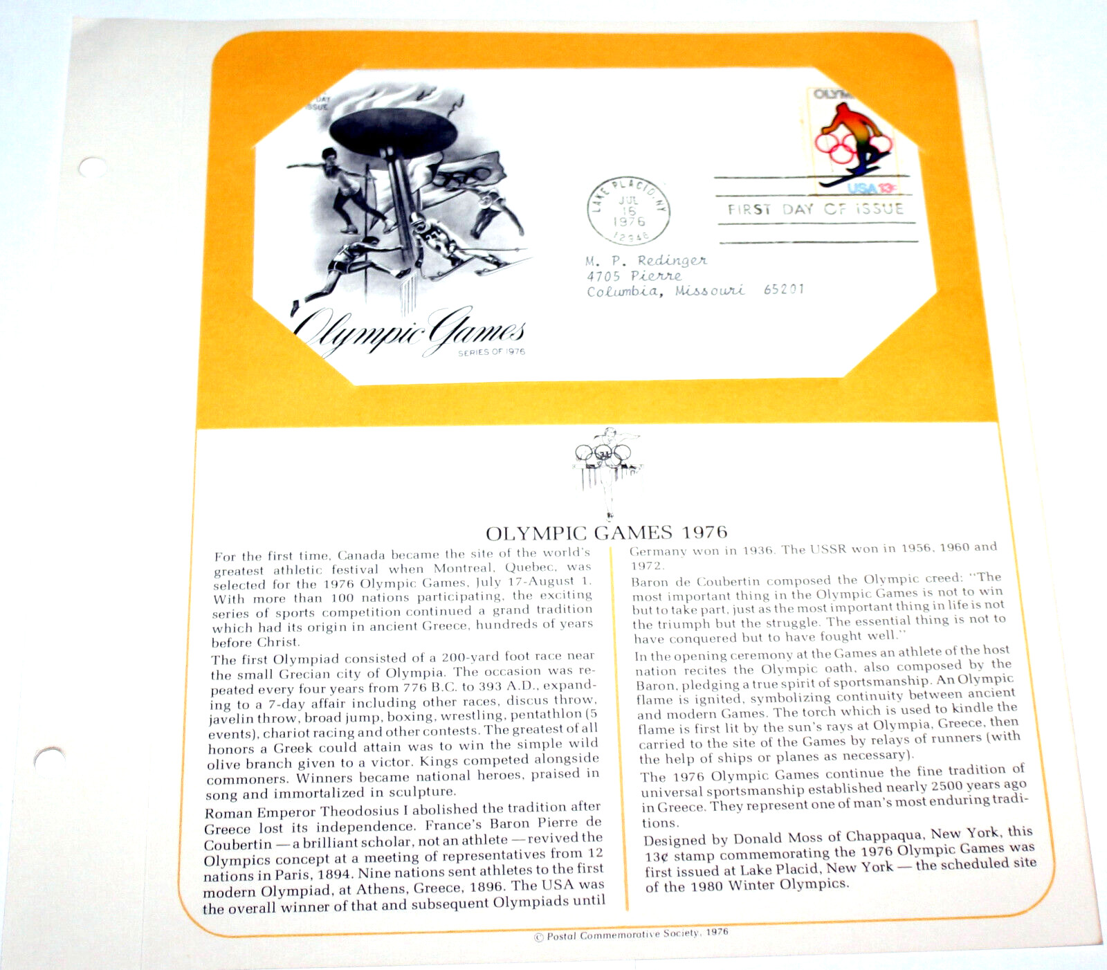 First Day of Issue Souvenir Page Olympic Games 1976 Stamp