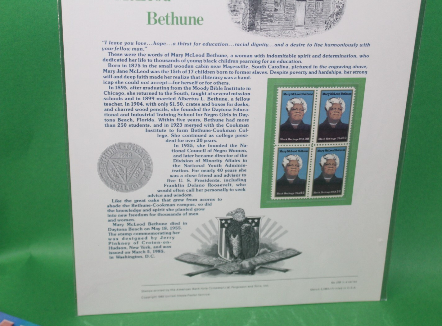 American Commemoratives Mary McLeod Bethune USPS Stamps Panel 238 March 5, 1985
