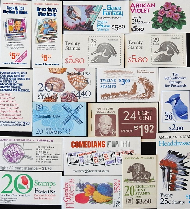 U.S. POSTAGE, 18 COMPLETE STAMP BOOKLETS 8 CENT TO 29 CENT