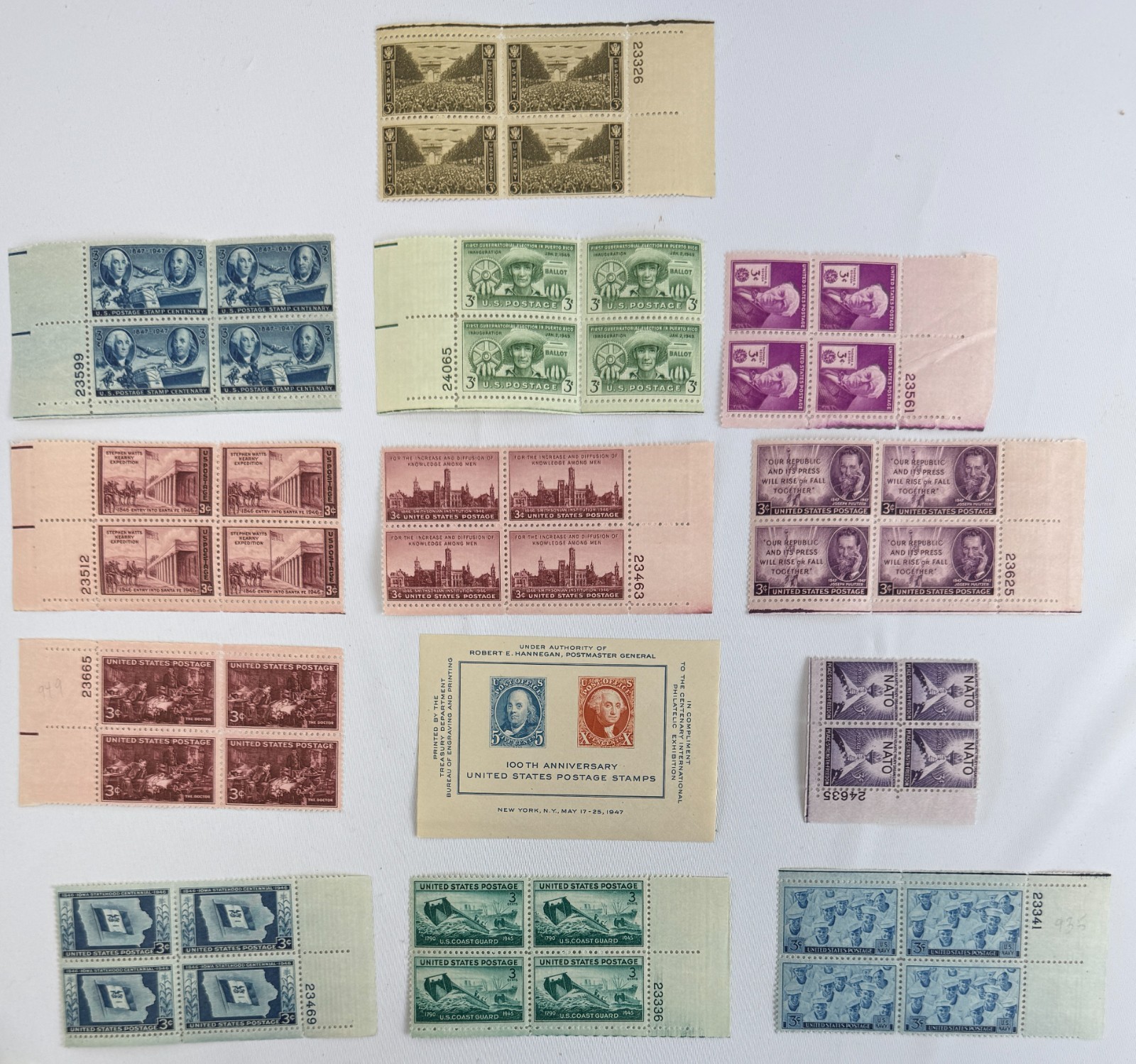 13 Mint US Plate Blocks and Souvenir Sheet 1945-1949 Post-WWII Americana