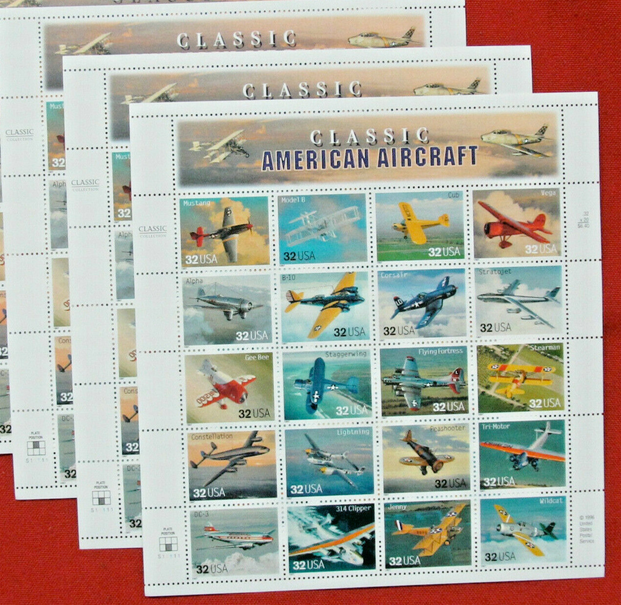 Three Sheets x 20 = 60 of CLASSIC AMERICAN AIRCRAFT 32¢ US Stamps. USA Sc # 3142