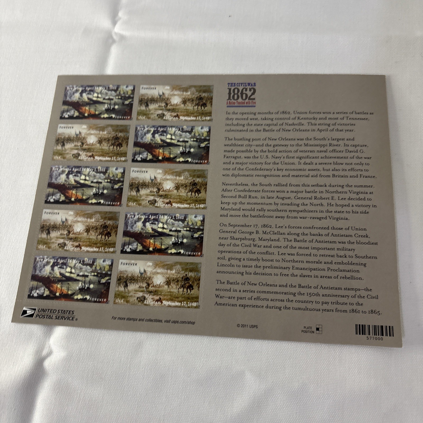 USPS THE CIVIL WAR 1862 FOREVER STAMPS Sheet