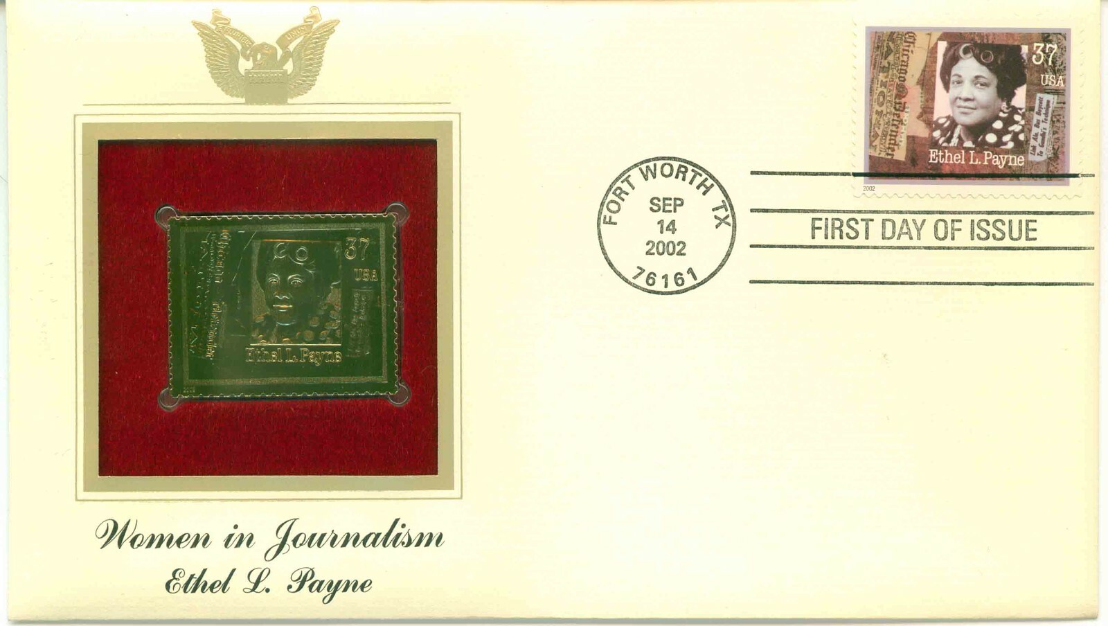 First Day Of Issue Sep 14 02 Fort Worth TX 22kt Gold Replica Ethel L. Payne