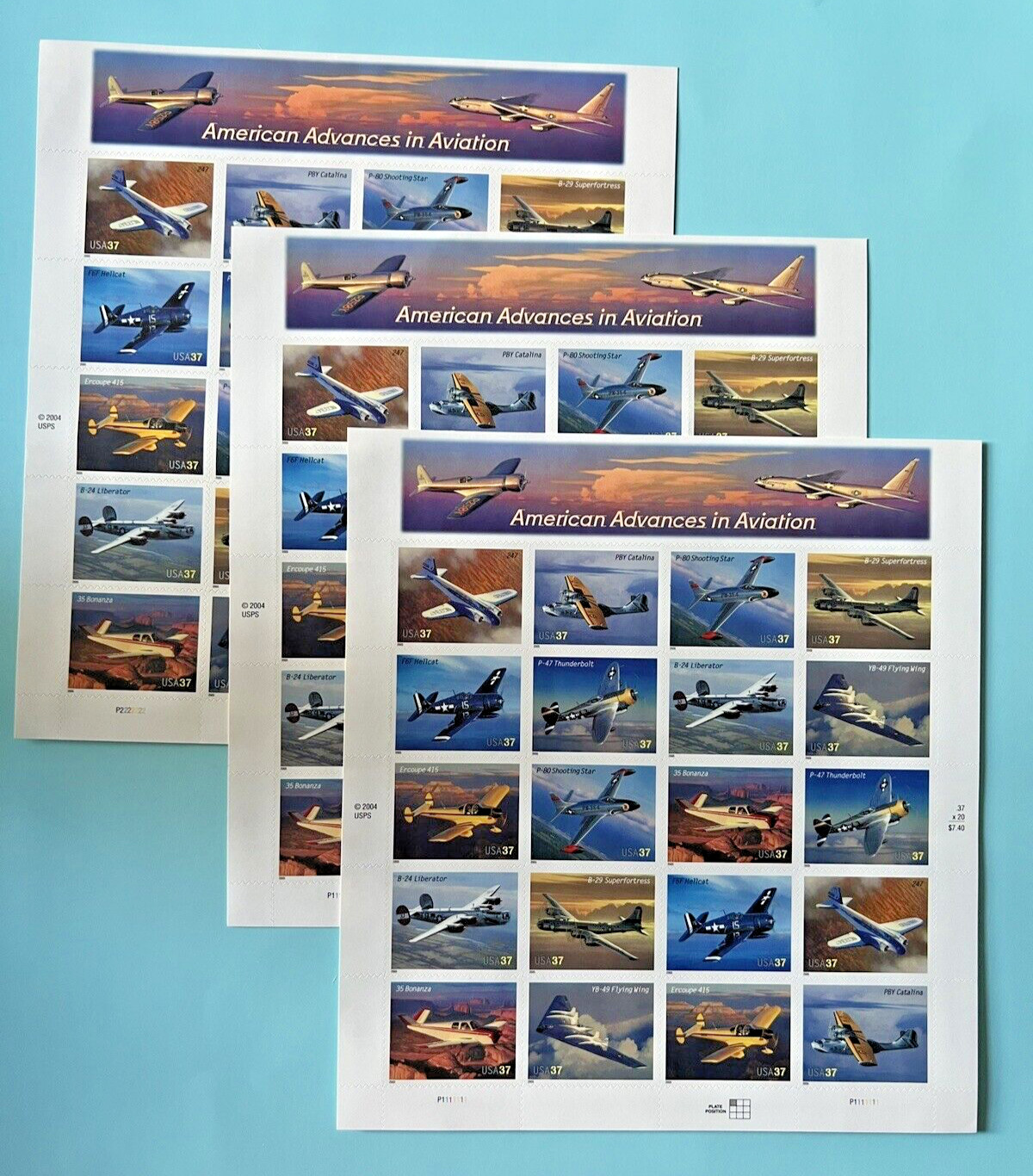#3916-3925 American Advances in Aviation 37¢ – 4 Sheets x 20 = 80 Stamps FV29.60