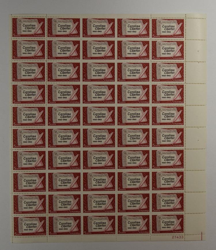US SCOTT 1230 PANE OF 50 CAROLINA CHARTER STAMPS 5 CENT FACE MNH