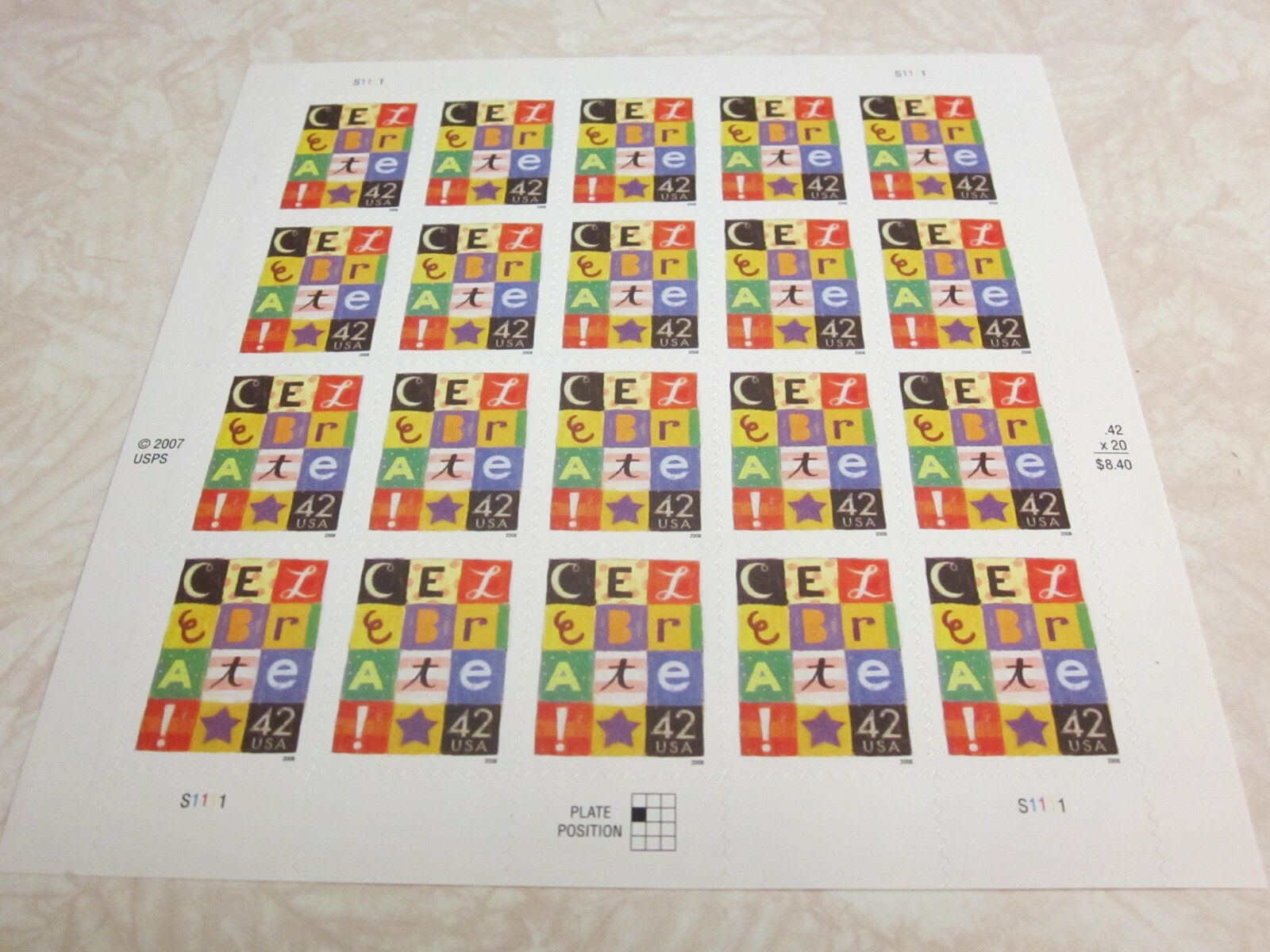 #4335 CELEBRATE Sheet of 20 42 Cent Postage Stamps MNH 2007/2008 Free Shipping