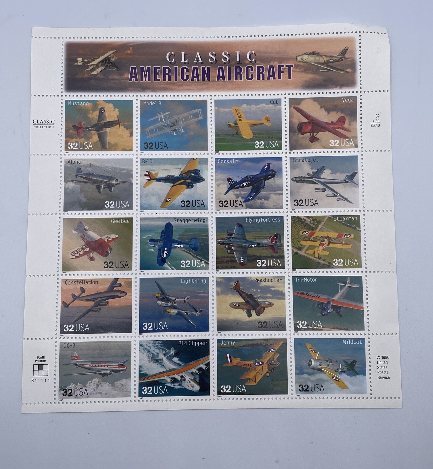 US Scott #3142 Classic American Aircraft 1997 Full Sheet 20 34 Cent Stamps