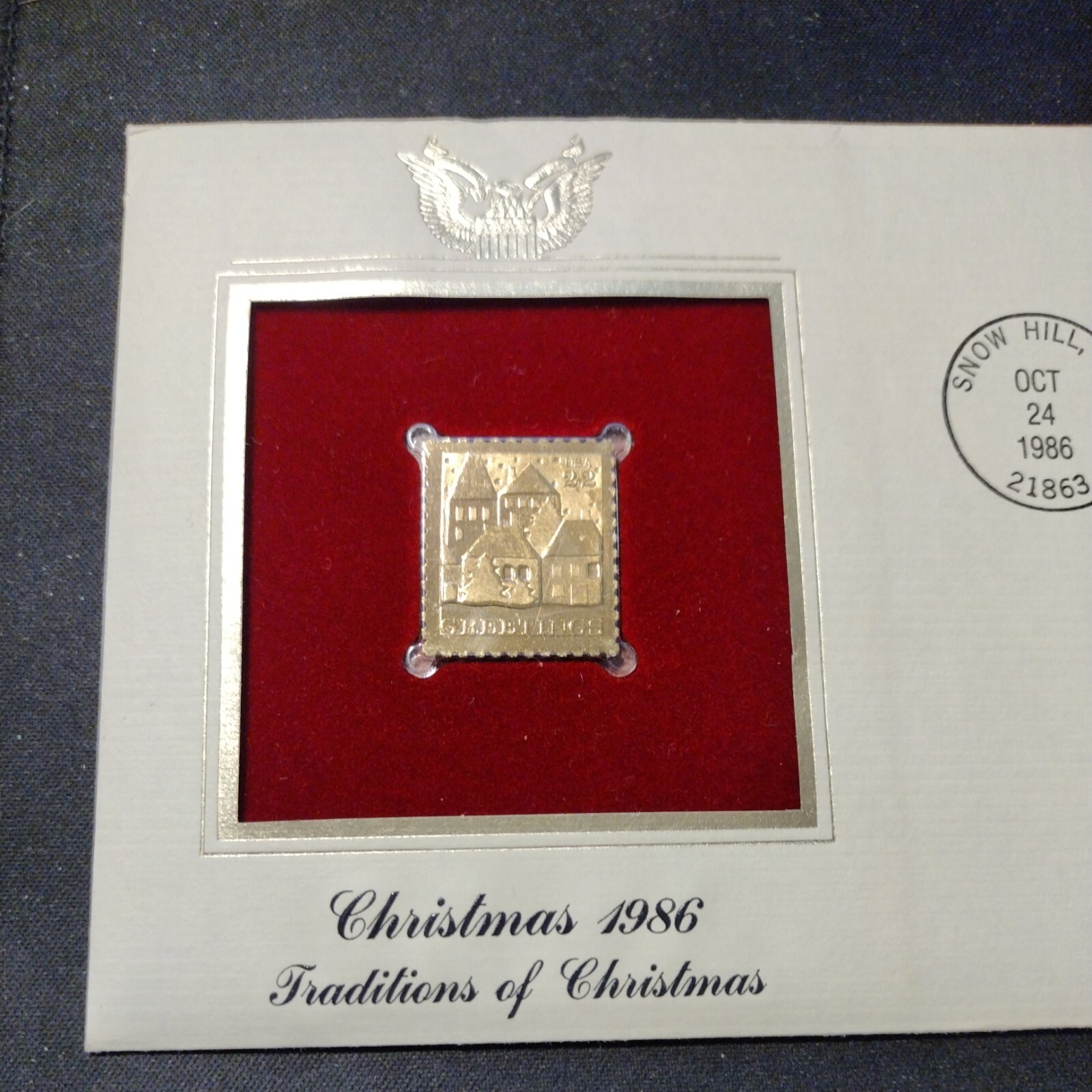 Greetings 1986 FIRST DAY ISSUE 22 CENT STAMP GOLD Traditions of Christmas MD