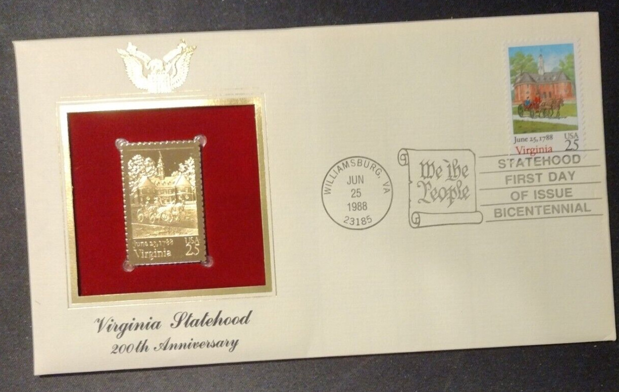 Virginia Statehood FIRST DAY ISSUE 25 CENT STAMP GOLD 200th Anniversary