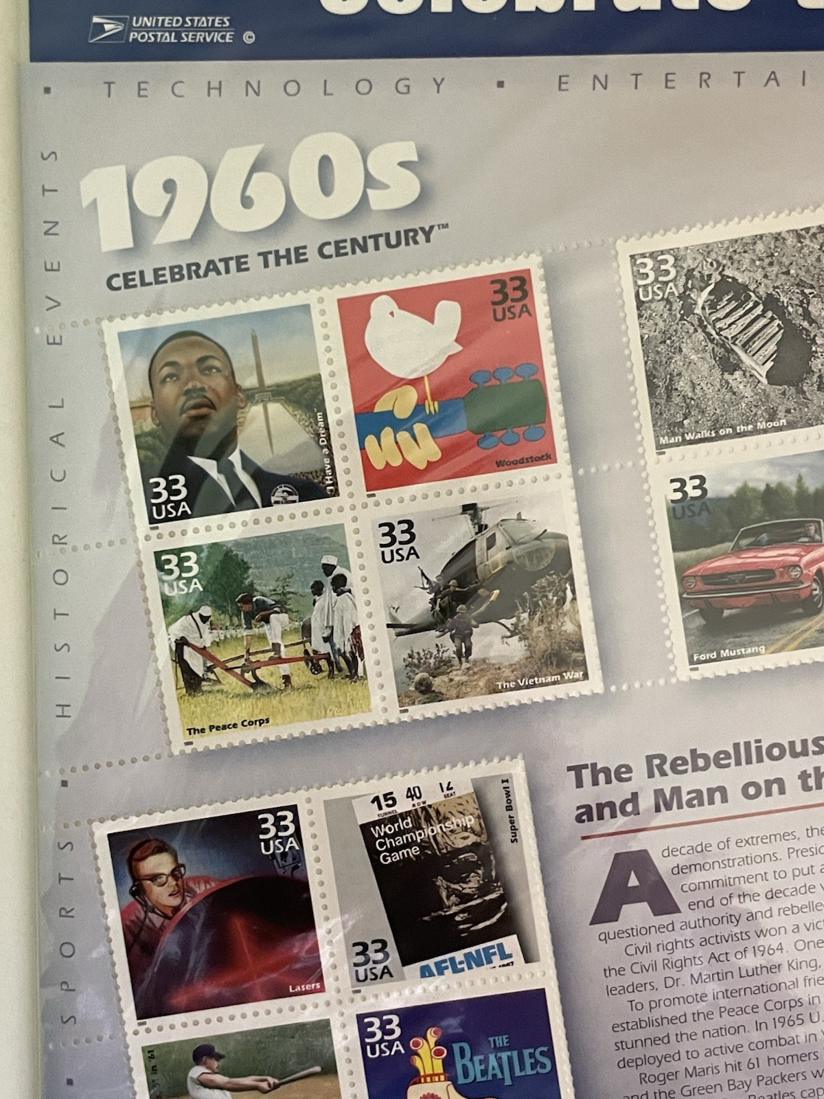 USA 33 Cent 1960s CELEBRATE THE CENTURY Postage Stamps, Sealed Sheet of 15
