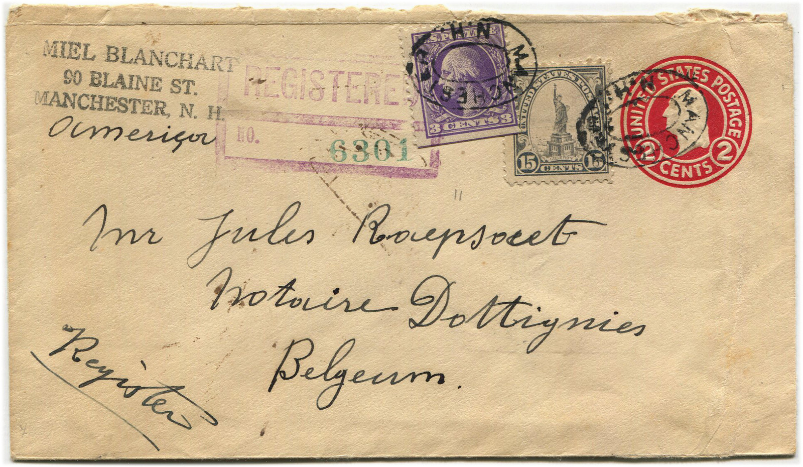 USA, ENVELOPE PREPAID 2 C, ANNULS MANCHESTER NH, (1926) + STAMPS 3C AND 15C m