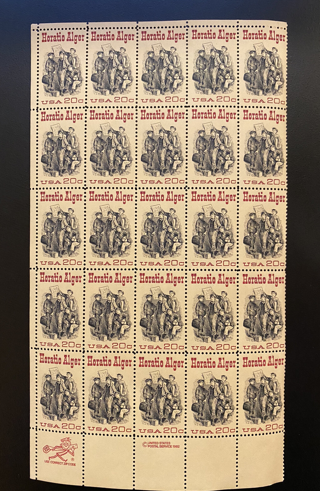 1982 USPS #2010 Horatio Alger Partial Sheet 25 Stamps X 20c. MNH. Free Shipping