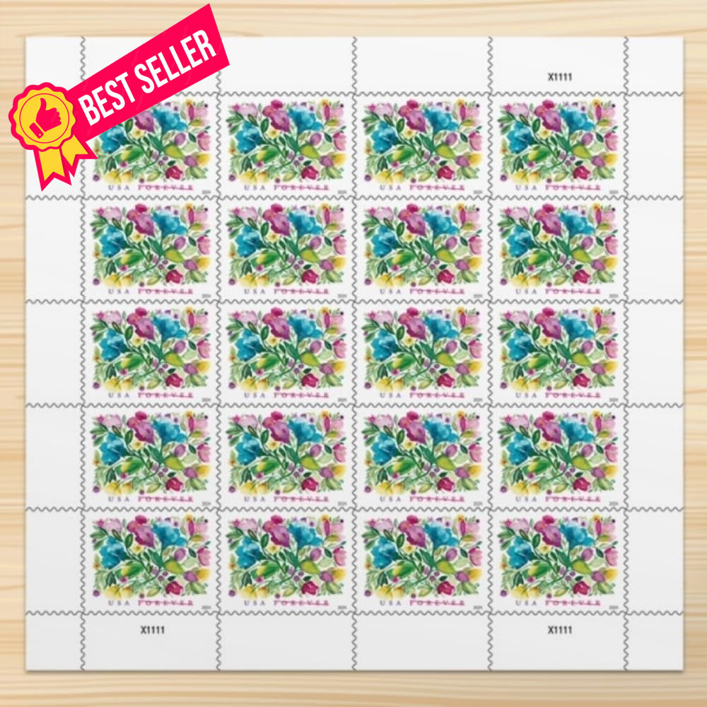 United States Postal 20 Stamps, red, yellow, purple, pink, green, blue