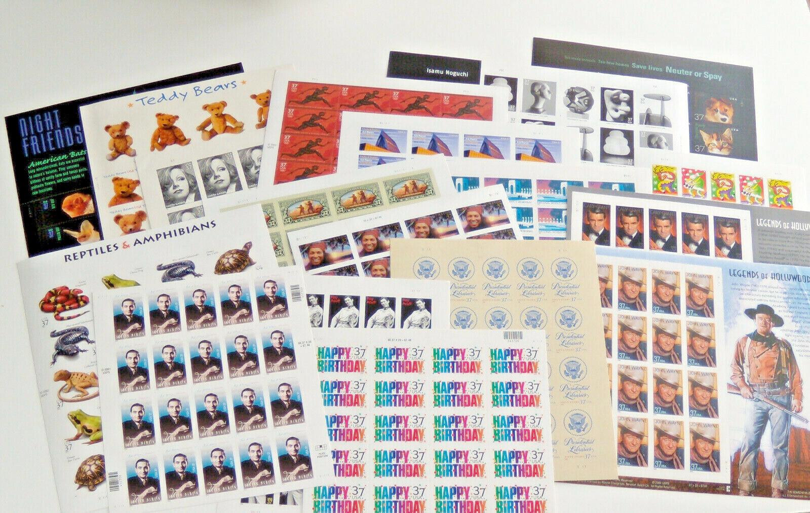 Four Sheets x 20 = 80 Assorted of Mixed Designs 37¢ US Postage Stamps. FV $29.60
