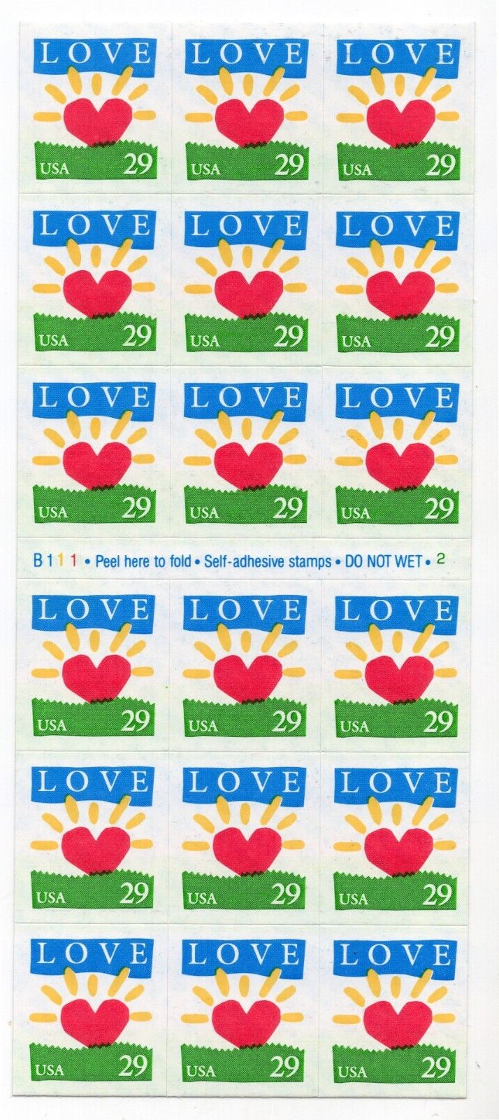 US 1994 SC 2813a 29c Love Sun – Booklet Pane of 18 MNH