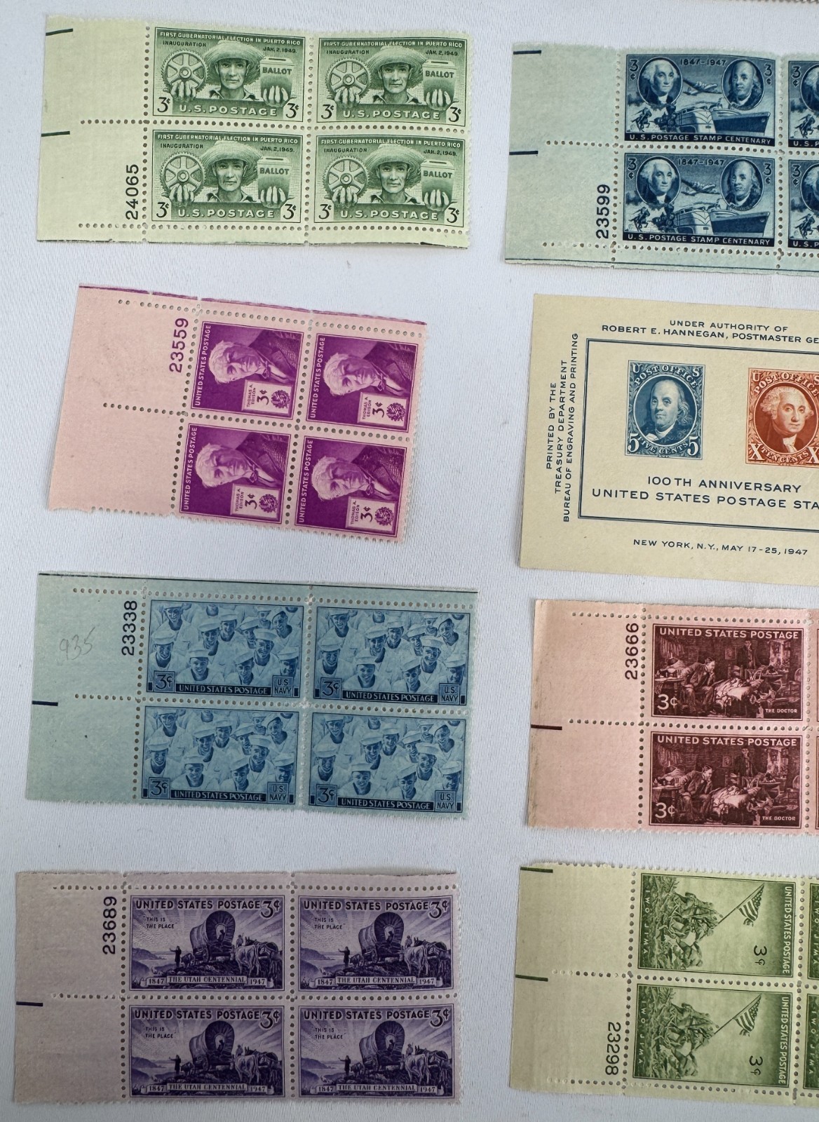 13 Mint US Commemorative Plate Blocks and CIPEX Souvenir Sheet 1946-1949