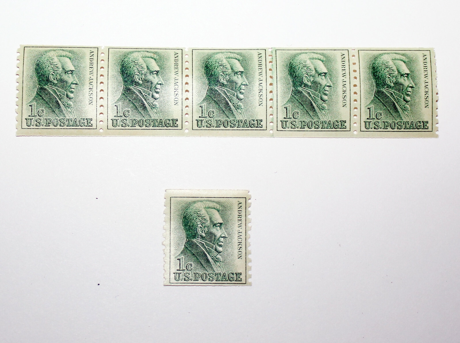 Andrew Jackson 1 cent line of 6 stamps from a coil of stamps Green