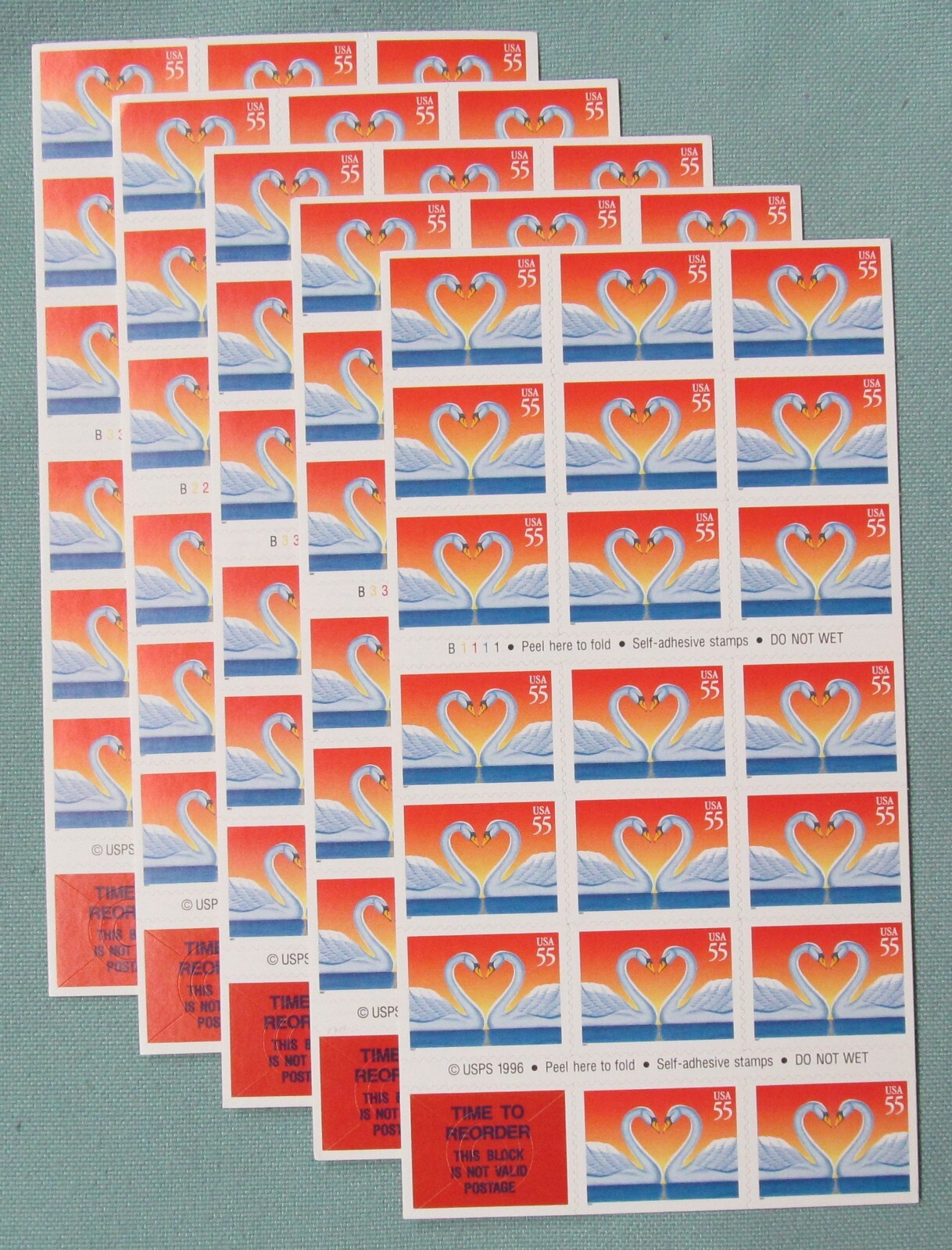 Two Panes / Sheets x 20 = 40 of Love SWANS 55¢ US Postage Stamps. USA Sc # 3124