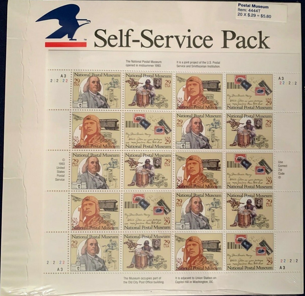 SCOTT #2779-2782 NATIONAL POSTAL MUSEUM 1993 Pane of 20 STAMPS 29c ~ MNH